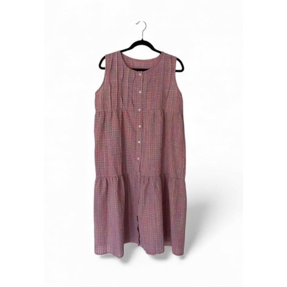 Boho Textured Tiered Midi Dress Pink Purple Sleeveless Button Front Medium Large